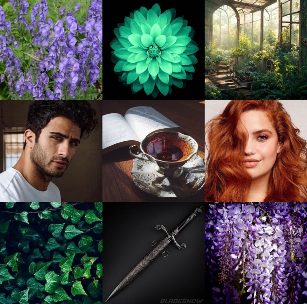 Top left: purple wolfsbane flowers in green field
Top middle: green dahlia
Top right: bright greenhouse
Middle left: actor Alexander Uloom, a handsome Arab man with black hair, shorter on the sides, longer and curly on top
Center: a cup of tea in a fancy mug on a saucer. An open book lies open next to it, and a ray of sunshine illuminates both
Middle right: model/actress Bree Kish, a beautiful white woman with long wavy red hair
Bottom left: green ivy leaves
Bottom middle: an ornately carved dagger
Bottom right: trailing purple wisteria