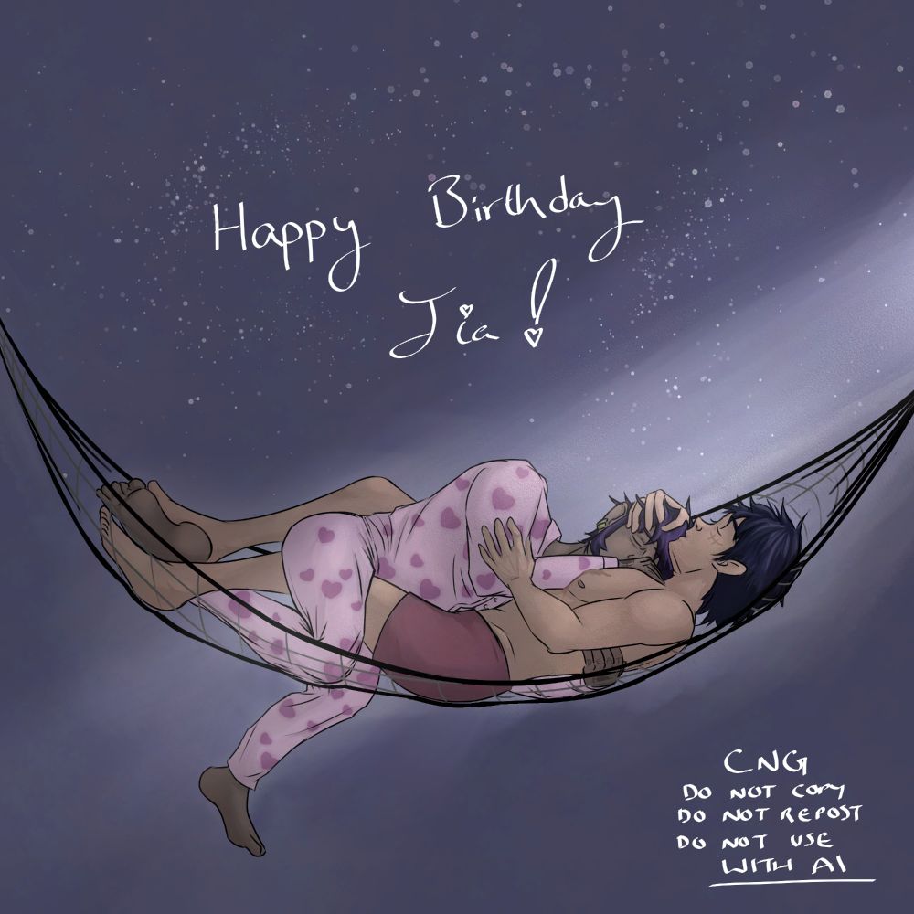 Law dressed in heart pyjamas snuggles with Luffy dressed in his underwear. They are both in a hammock under moonlight. 