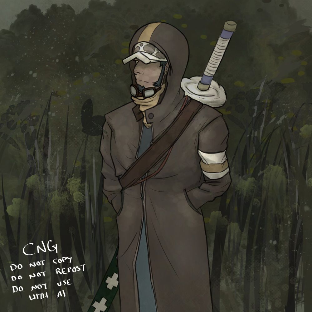 Trafalgar Law in a diseased forest setting, his clothes dusty with spores, his skin bleached in spots reminiscient of amber lead disease. His clothes resemble his dressrosa trenchcoat. He has a scarf and goggles hanging around his neck. A leather satchel over his back and his sword. 