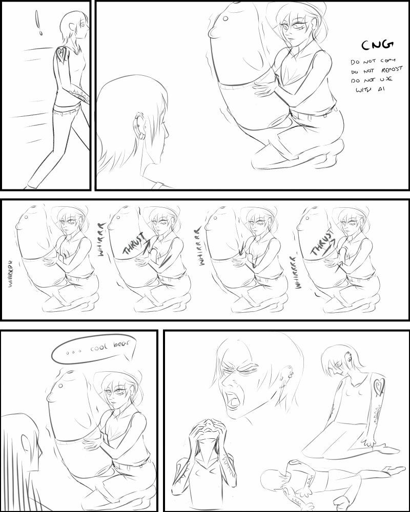 Panel One: Law goes running towards crash
Panel Two: Law discovers Luffy holding her polar bear "plushie" in confusion as it vibrates. 
Panel Three: Something long and hard begins to thrust underneath the polar bear plushie's underwear. Luffy's eyes follow the thrusting, vibrating dildo. 
Panel Four: Luffy tells Law her bear is cool
Panel Five: Law dies inside