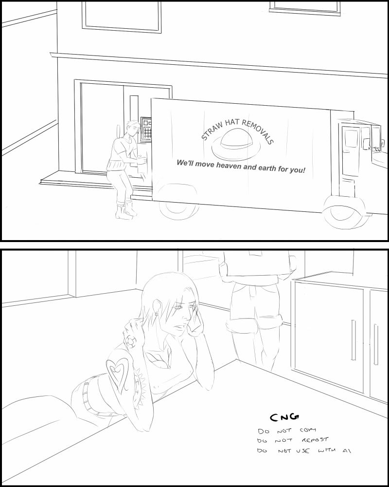 Setting: femLaw has hired the services of straw hat removals to help her move. First panel Zoro loading a truck. Second panel, Law leaning on a kitchen counter as Luffy approaches