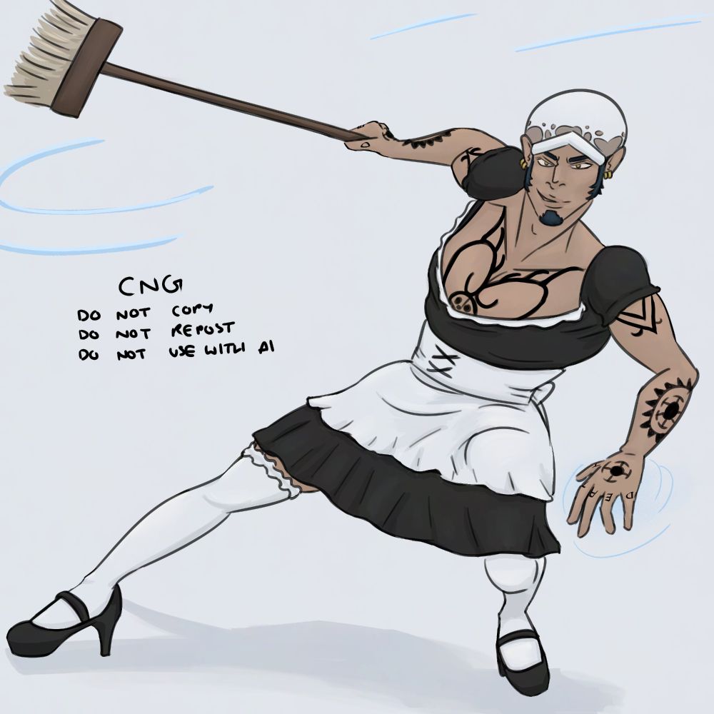 Trafalgar Law in a maid outfit, wielding a broom instead of Kikoku