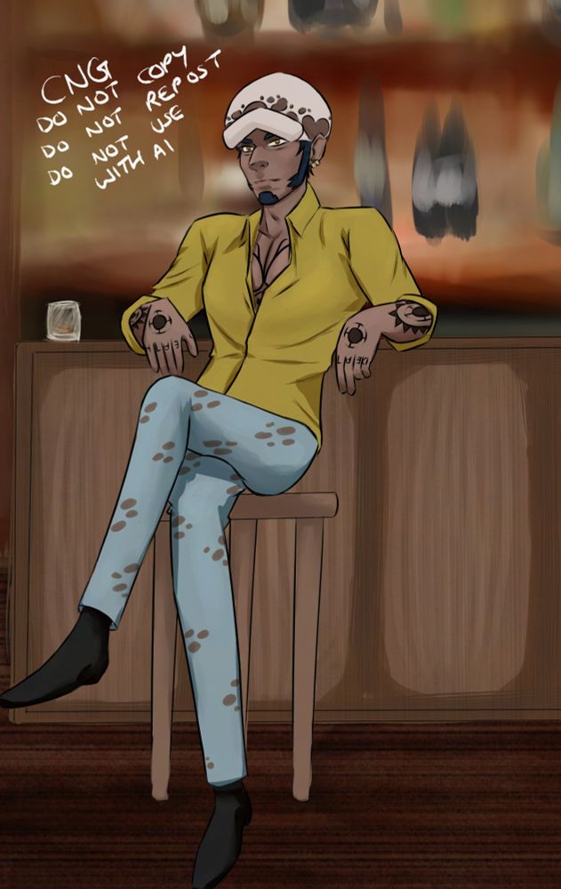 Trafalgar Law sitting on a stool at a bar, elbows back on the bar as he reclines, looking for someone big and blond to hurt him good