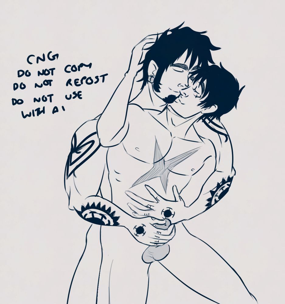 Luffy resting against Law's chest, their faces pressed together as they smile. Law is jacking Luffy off. 