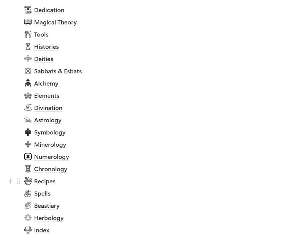 Screenshot of a Notion page detailing various subpages