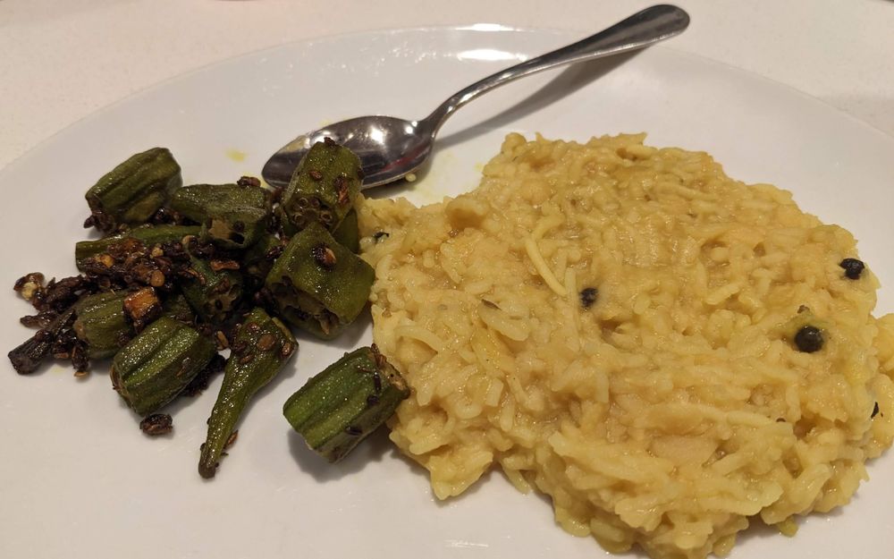 Khichudi (rice-dal porridge) and stir fried okra