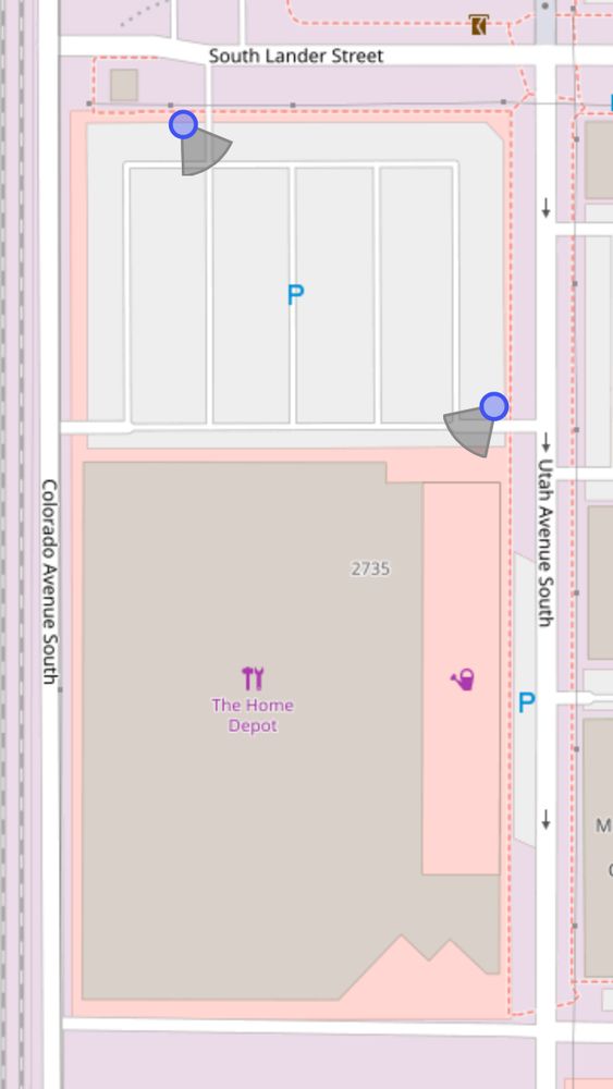 2 Flock cameras in the parking lot of Home Depot at 2701 Utah Ave S, Seattle WA (from https://deflock.me/map#map=18/47.578623/-122.335438)