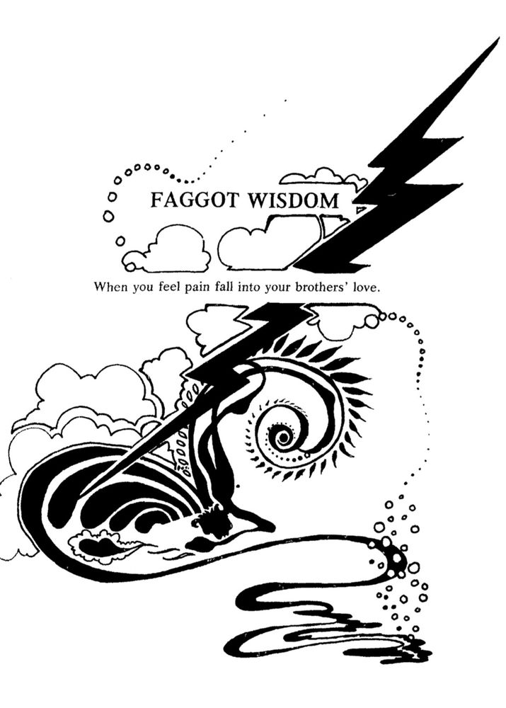 Image from The Faggots and Their Friends Between Revolutions. Text reads "Faggot Wisdom: When you feel pain fall into your brothers' love." The illustration is a lightning bolt striking through clouds. A figure falls.