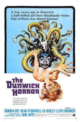 Movie poster for The Dunwich Horror (1970). A woman is attacked by a monstrous face that has snake-like creatures for hair.