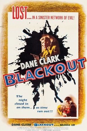 Poster for Blackout (1954). Features the title in bold blue and red letters. There is a inky black splotch with an image of a man holding a gun.