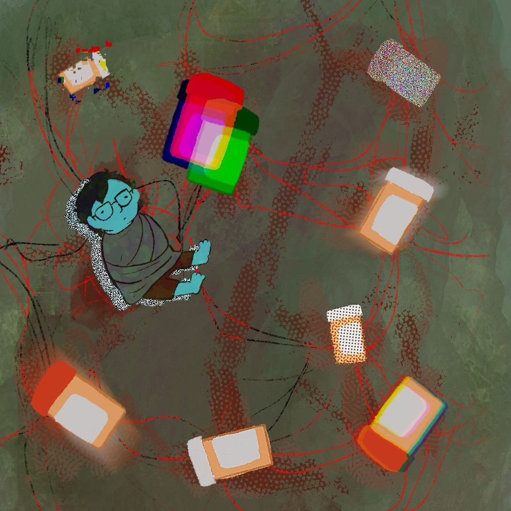 An androgynous person with short hair and glasses sits in a greenish tan void, wrapped in a blanket with a blank stare. They are connected with scribbled red and black strings to pill bottles that are in different states of glitching.