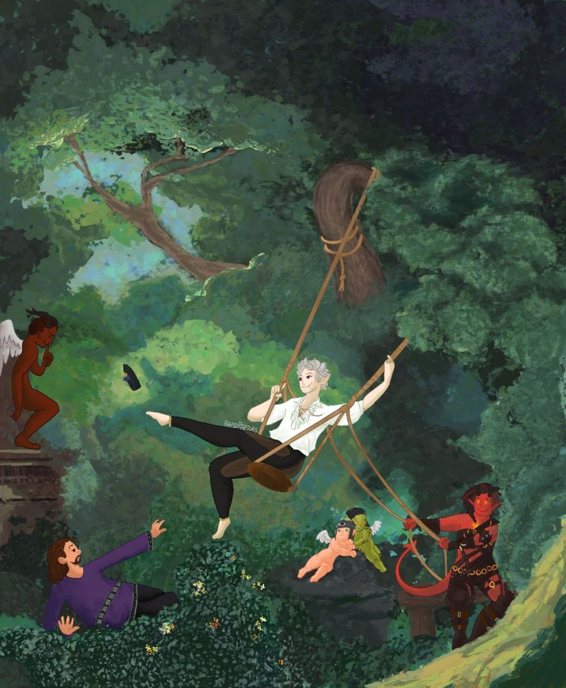 A parody of The Swing by Jean-Honoré Fragonard, wherein the girl on the swing is instead Astarion from Baldur's Gate 3. He is surrounded by a bemused cherub of Wyll, an unimpressed Gale, Shadowheart and Lae'zel as two more cherubs, and Karlach pulling the ropes to help Astarion swing.