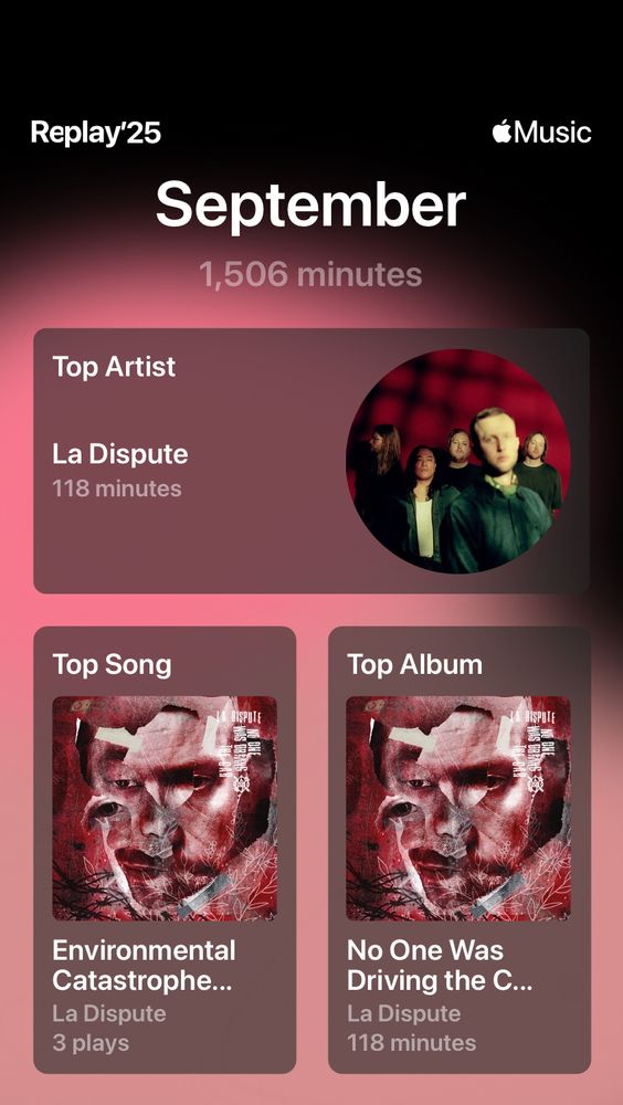 Apple Music Replay for September. 1,506 minutes listened. Top artist: La Dispute. Top song: Environmental Catastrophe Film by La Dispute. Top album: No One Was Driving the Car by La Dispute. 