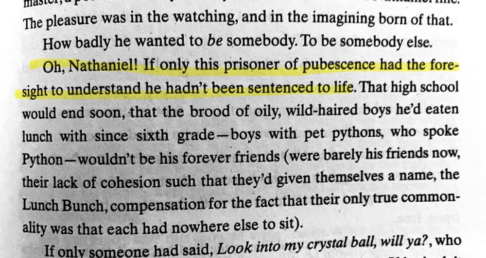 Screenshot from Lucas Schaefer’s 2025 novel *The Slip* with these two sentences highlighted: “Oh, Nathaniel! If only this prisoner of pubescence had the foresight to understand he hadn’t been sentenced to life.”
