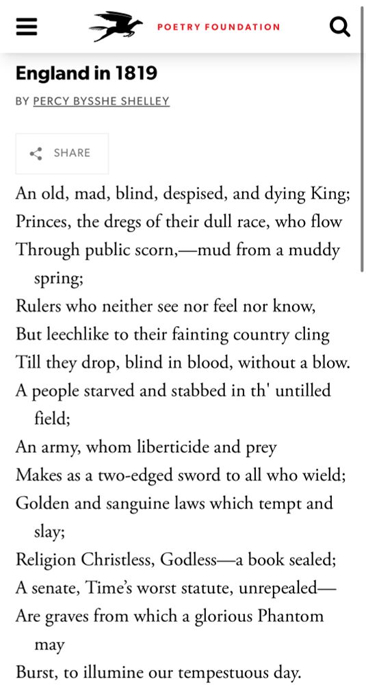 Screenshot of Percy Shelley’s poem “England in 1819,” moving from an assessment of the parasitic terrors of oligarchy to a fragile hope that this might be the moment when things change.