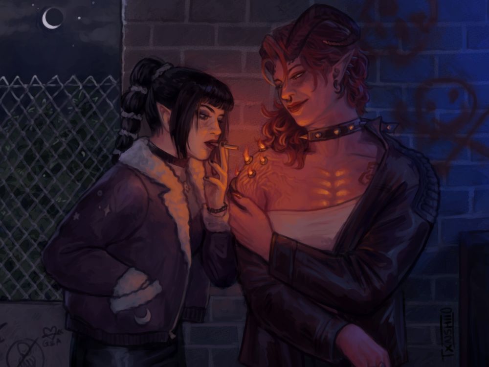 A scene of Shadowheart and Karlach (BG3) on a cold night out, taking a smoke break outside of a club. A neon blue light reveals the graffiti sprawled across the rustic brick and concrete walls, and a crescent moon beams behind them. Karlach is smiling and holding the sleeve of her leather jacket down, so Shadowheart, keeping close, and with one hand in the pocket of her fleecy coat to stay warm, can light her cigarette with the mechanical heat vents in Karlach's shoulder.