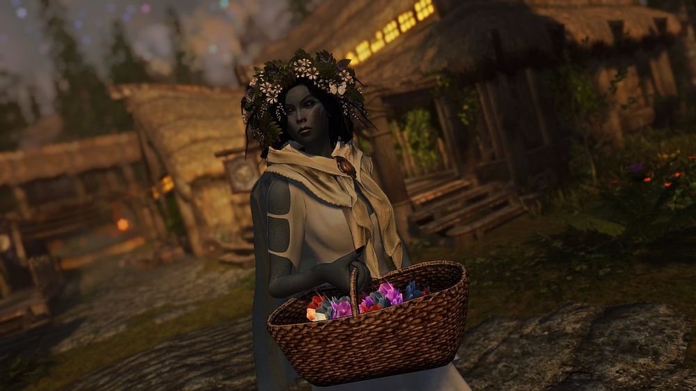 Marda Ro from star wars as a modded Skyrim character, carrying a basket of flowers. 
