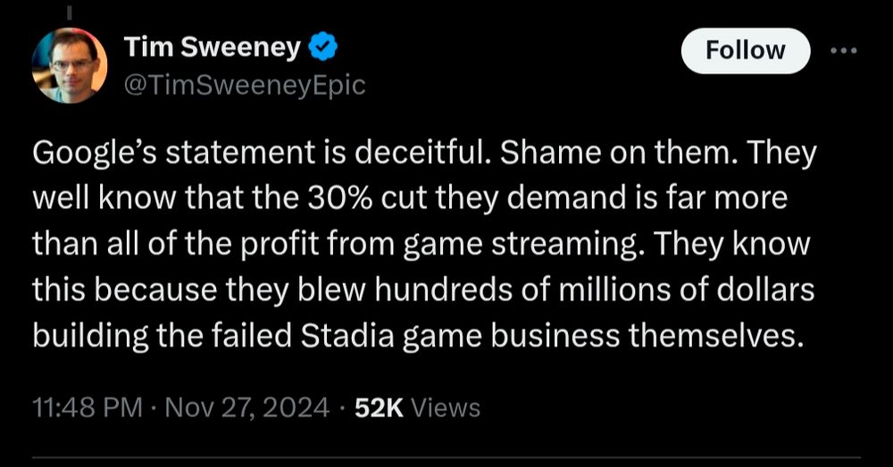 Tweet from Tim Sweeney