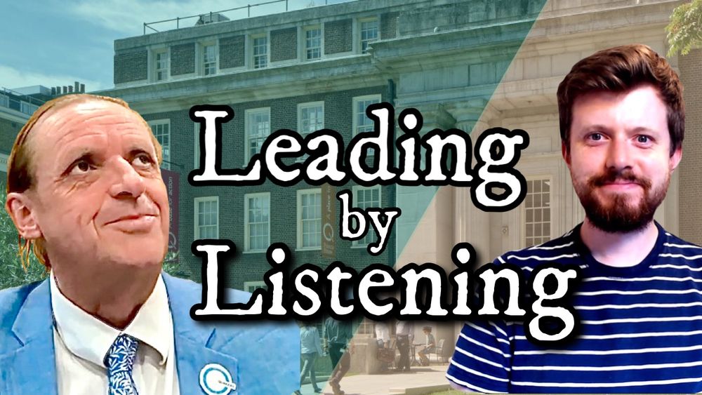 Paul Parker and Ollie in front of Friends House in London. Text reads Leading by Listening