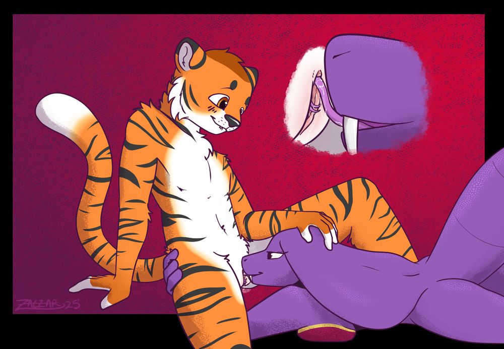 Valireen the Arbok eating out Timmed the Tiger. A close up shot shows Valireen's snake tongue rubbing on their clit real strongly.