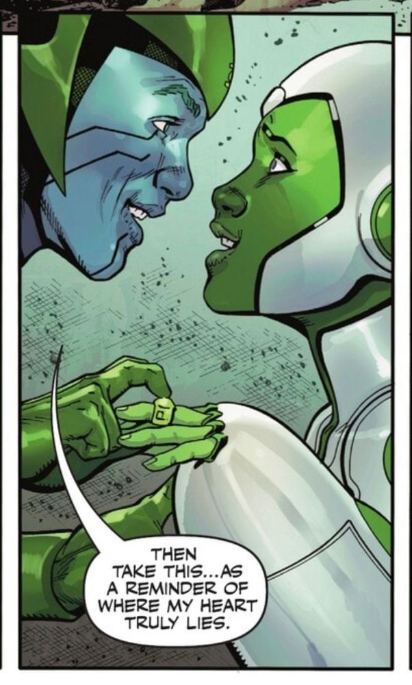 Razer, putting his Green Lantern ring on Aya's finger: "Then take this... as a reminder of where my heart truly lies."