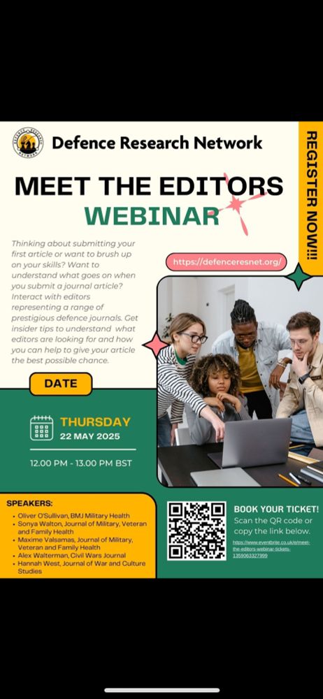 Advert for the Defence Research Network Meet The Editors online Webinar on Thursday 22nd May at 1200