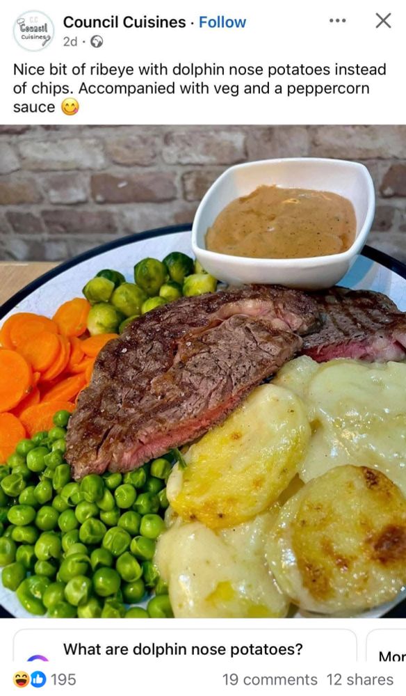 Screenshot of Facebook group “Council Cuisines” of a plated meal featuring dauphinoise potatoes incorrectly called “dolphin nose” potatoes.