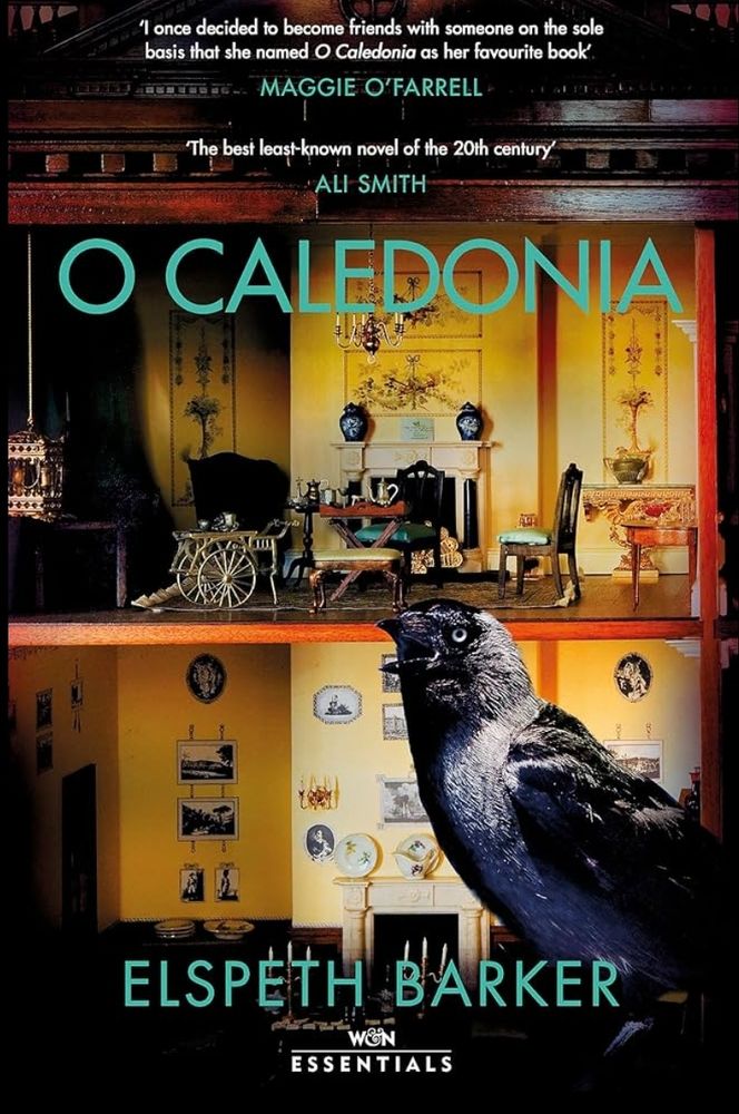 Cover of O Caledonia by Elspeth Barker showing a jackdaw in front of a doll's house