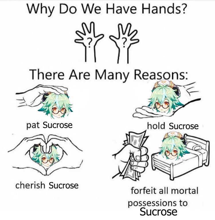 WHY DO WE HAVE HANDS?
THERE ARE MANY REASONS:
PAT SUCROSE
HOLD SUCROSE
CHERISH SUCROSE
FORFEIT ALL MORTAL POSSESSIONS TO SUCROSE