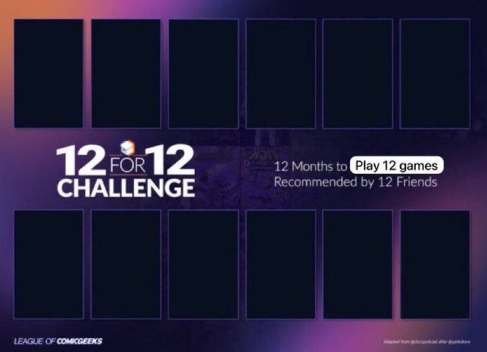 12 for 12 challenge. 12 friends suggest a game each and i play them all, one for each month