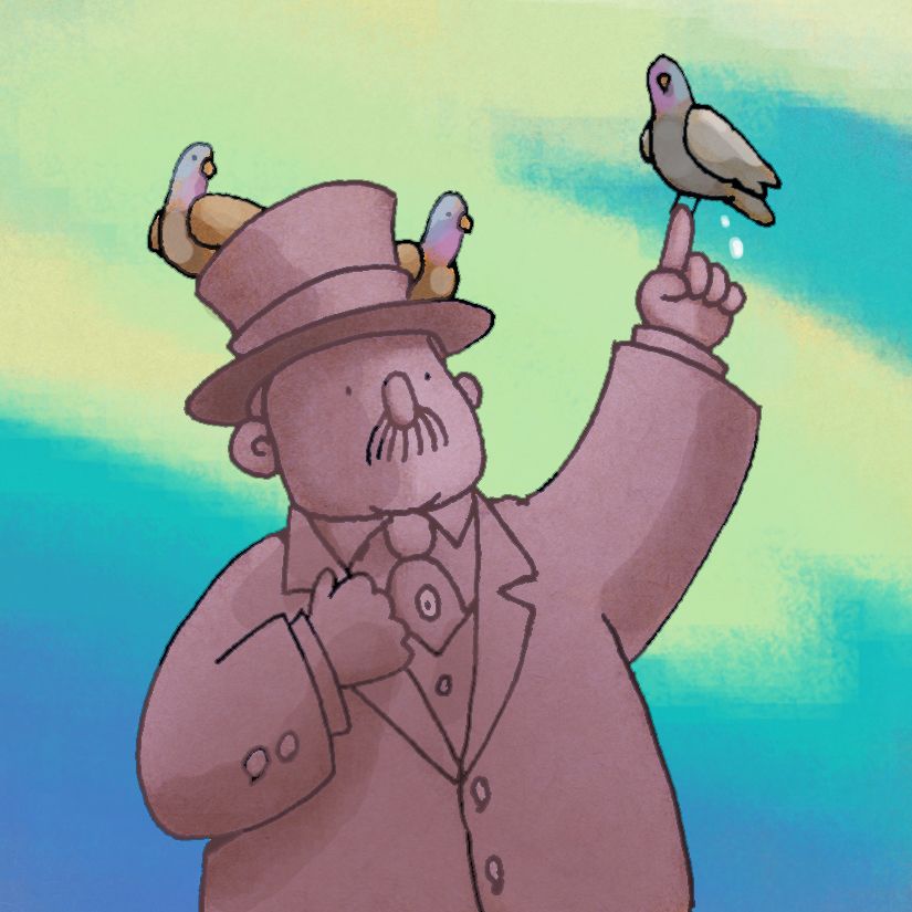 Statue of a statesman wearing a overcoat and top hat. His left hand is raised and finger pointing toward the sky. Three pigeons are perched on the statue and one is pooping.