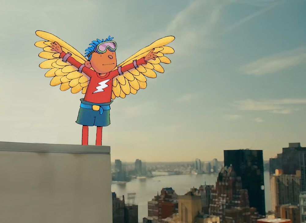 An altered photograph featuring a drawing of a person wearing a homemade super hero costume including a pair of wings strapped to his arms. He is standing atop a tall building with goggles on his forehead and wings/arms spread wide in anticipation of flight. Let's all think positive thoughts.