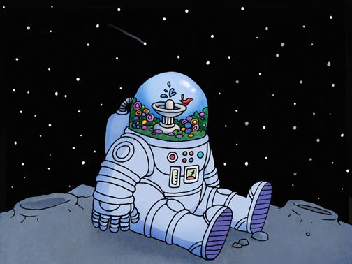 An astronaut sits on a desolate moon with nothing but space behind him. Inside his helmet is a sunny spring garden with flowers and a birdbath.