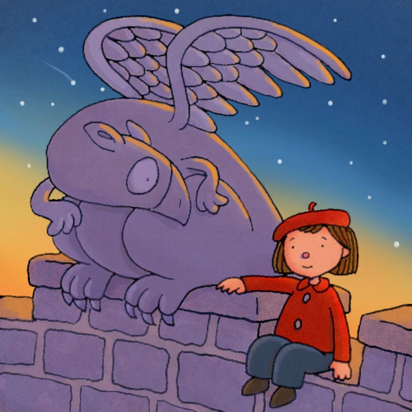 Illustration of a young girl wearing a red beret and coat and sitting atop a stone wall next to a bird-like gargoyle who seems surprised to see her.