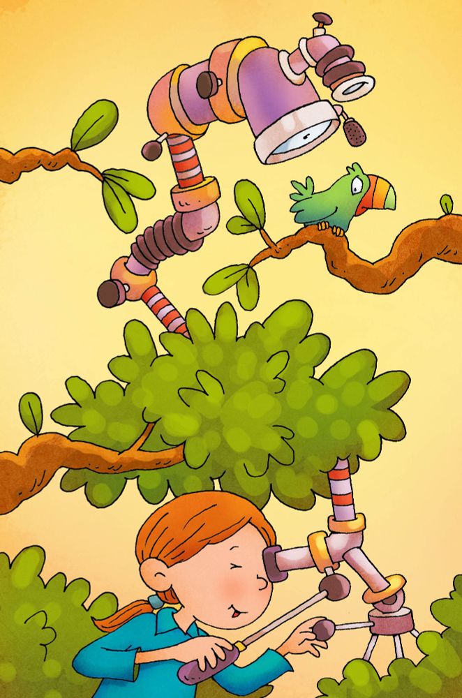 A red headed girl spies on a suspicious toucan through an ornate multi-angled periscope.