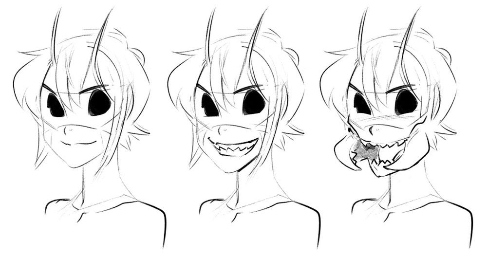 Alien bug person Theira's faces in normal, smiling, and terrifying mandibles extended expressions.