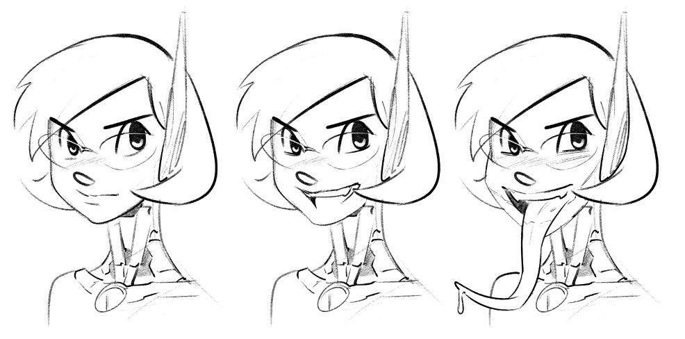 Cyborg lady Dr. Botz with her mouth normal human type open, and deadly cybernetic poison tongue type open.