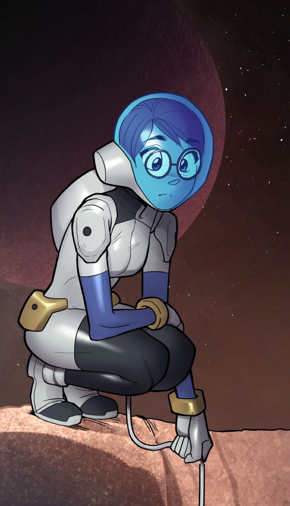 Cassiopeia Quinn - partial sci-fi webcomic panel in which a spacesuit-wearing Lt. Isabel Cooke dangles a tether into a dark crater.