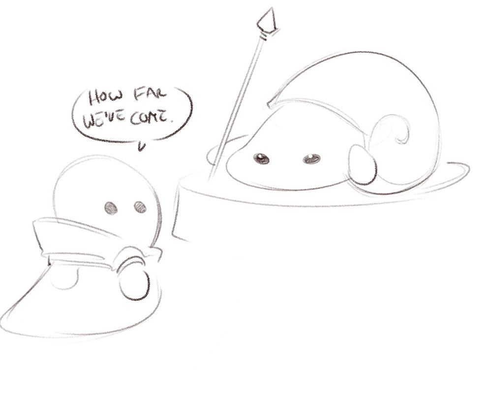 A modern globby alien looks at one of his spear-wielding ancestors, who fits into a shell rather than an attractive metal collar.
