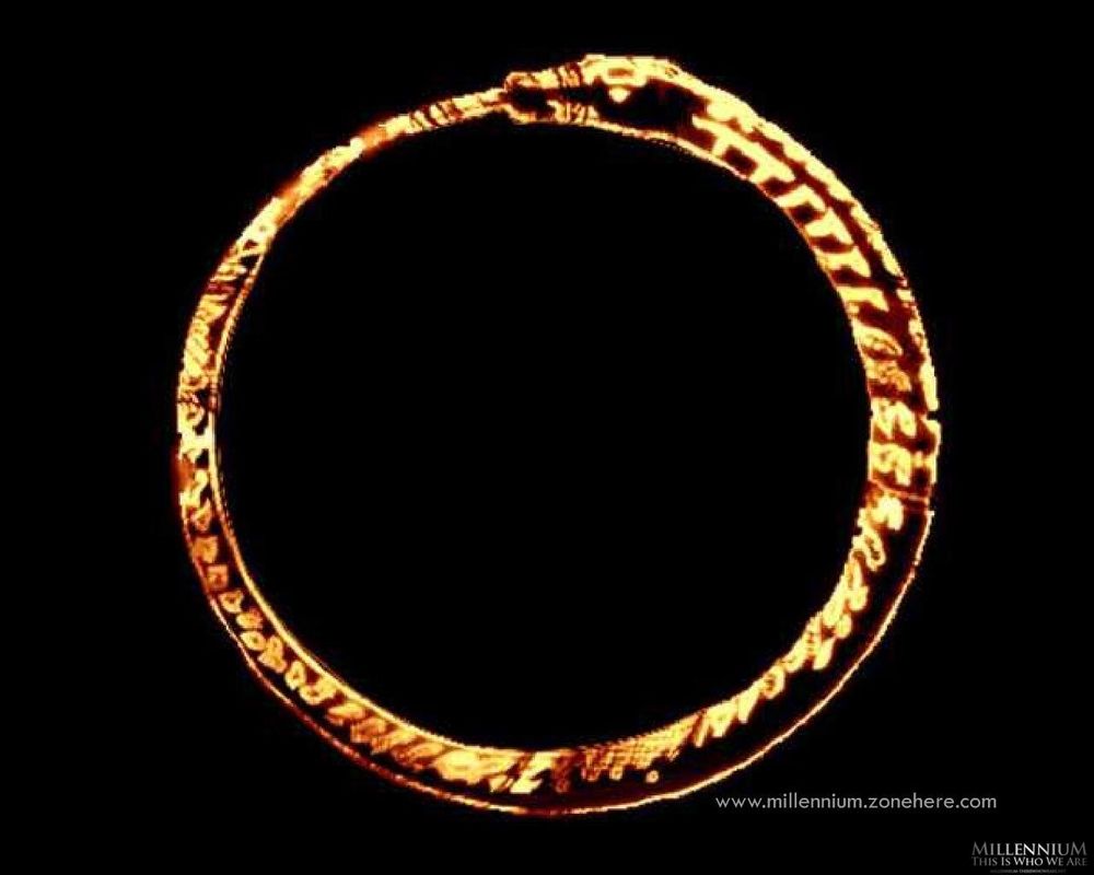 The Ourobouros--the old symbol of eternity; a snake eating its tail.