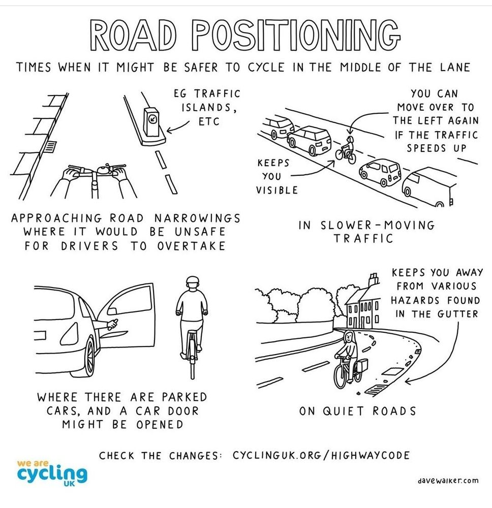 Cartoon entitled "Road Positioning" and subtitled "Times when it might be safer to cycle in the middle of the lane". There are four illustrated examples

1. Approaching road narrowings where it would be unsafe for drivers to overtake e.g. traffic islands etc

2. In slower-moving traffic. Keeps you visible. You can move over to the left again if the traffic speeds up.

3. Where there are parked cars and a car door might be opened.

4. On quiet roads. Keeps you away from various hazards found in the gutter.