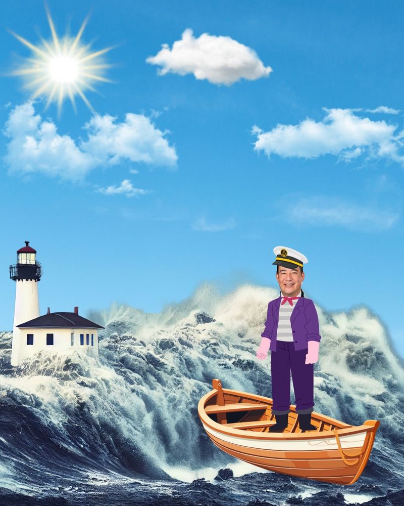 Bad Photoshop of a Secretary Hobbs in a captain's hat standing in a small boat on turbulent ocean waves, with a lighthouse in the background under a sunny sky.