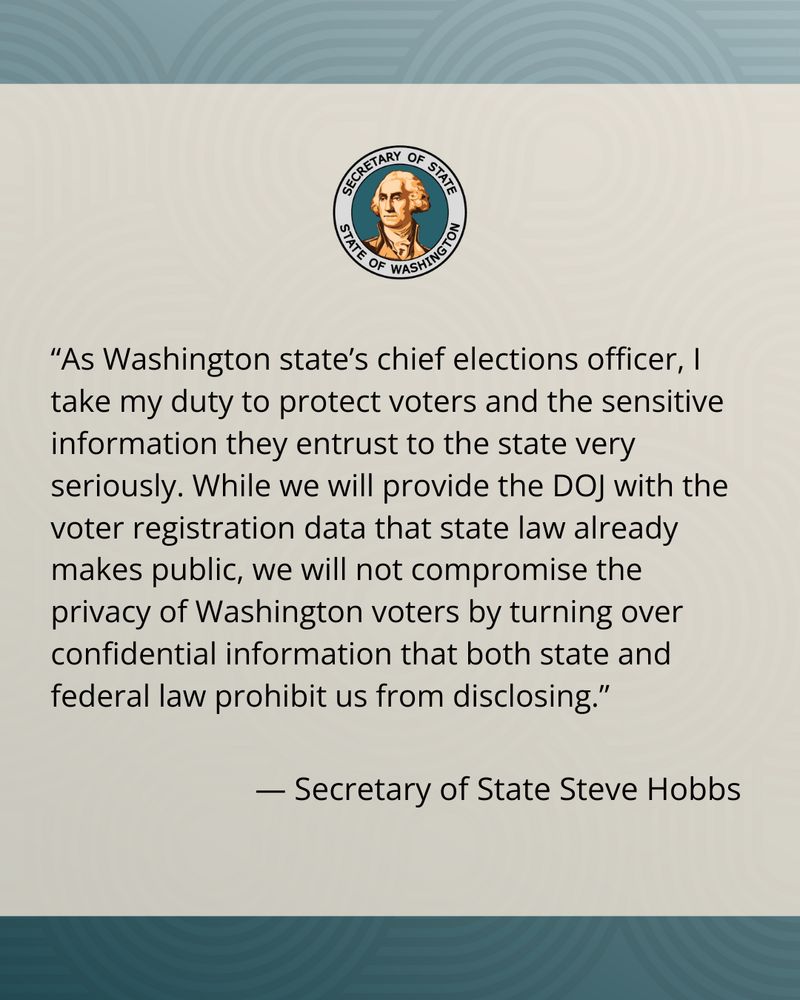 Official statement from the Secretary of State of Washington, featuring the official seal, regarding voter information privacy and compliance with federal law, attributed to Secretary of State Steve Hobbs.