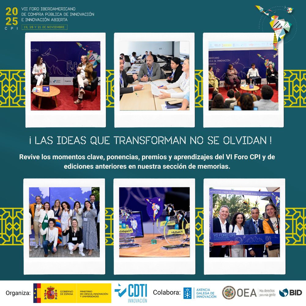📚Consulta la sección de memorias del VI Foro Iberoamericano de #CPI 👉  https://forocpi.com/memorias-vi-foro/

Ponencias, premios y aprendizajes...  

Recuerda que ya puedes registrarte a la VII edición del #ForoCPI, organizado por 
@CDTI_innovacion
 👉 https://cdti.es/compra-publica-innovadora

#AyudasCDTI #ForoCPI #colaboracion #FondosEuropeos #InnovaciónAbierta #CPP