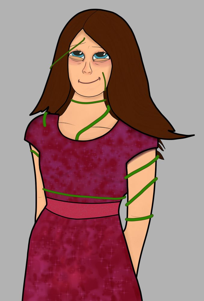 An illustration of a girl in an elegant dress.
She has an expression showing she has been pleasurably drugged up.
She has vines creeping around various sections of her body.