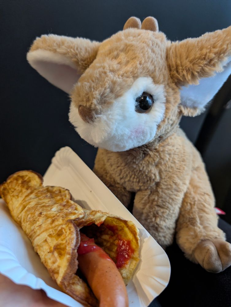 A small deer plushie is sat before a snack on a paper plate. The snack, pølse i vaffel (sausage in waffle), is as it's name suggests a hotdog style sausage wrapped in a thin, pancake-like waffle. This one is topped with tomato ketchup.