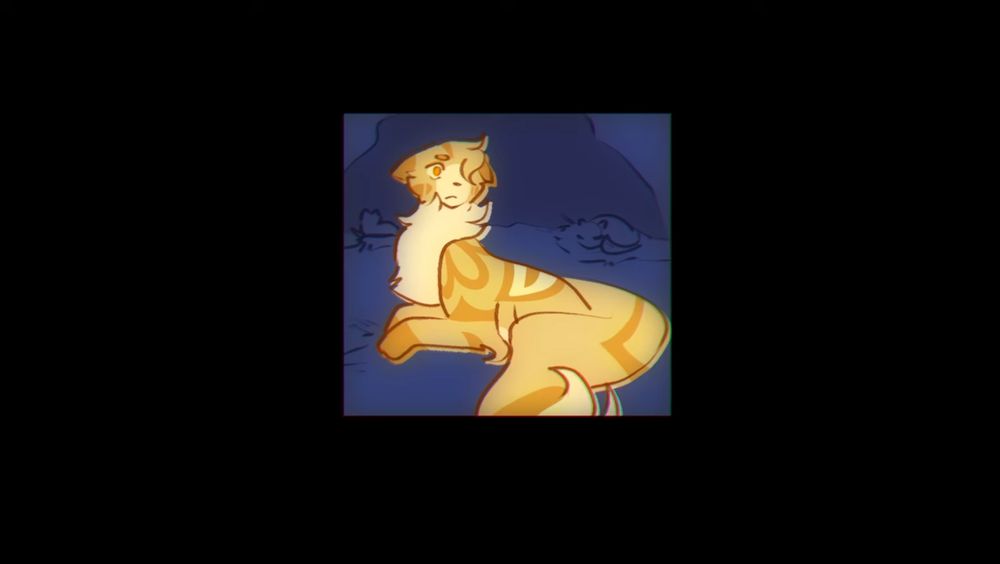 A golden tabby with stripes in a ceramic pattern, within a small box on screen.