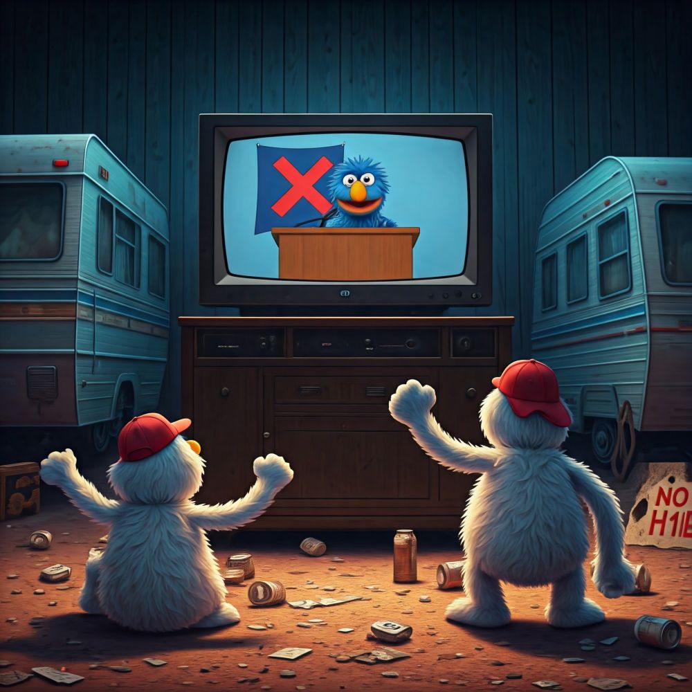 2 Angry white furred Muppets yell at a Muppet Elon Musk on a TV in a trailer park.