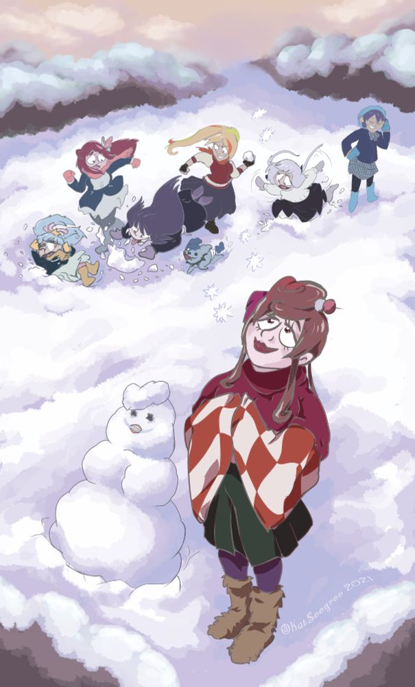 A digital painting of Yugiri from Zombie Land Saga standing in a snowy field as the other six Franchouchou members have a snowball fight in the background. Yugiri looks up wistfully at some falling snowflakes, next to a snow sculpture of herself - behind her Tae pounces on a similar snow sculpture, knocking Lily onto her back while Sakura rushes to help her, Saki and Romero circle beind them, Junko trips and falls in the snow and Ai brings a hand to her temple in exasperation.