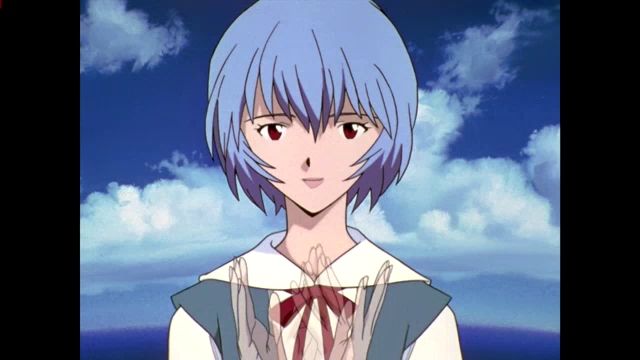 a girl with blue hair and red eyes is smiling in front of a cloudy sky